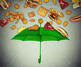 Bad diet protection concept greasy fatty fast food falling down