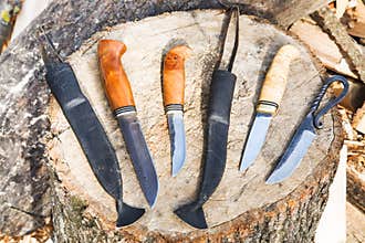 Bowie knives on wooden stump
