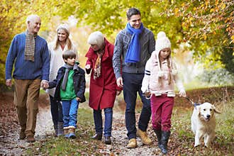 Multl Generation Family Walking Along Autumn Path With Dog