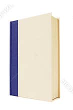 Blue and cream hardback book, front cover, standing upright, vertical, copy space