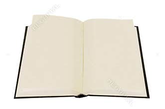 Plain hardback book, open, blank pages, isolated on white background, copy space