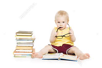 Little Child Girl Reading Book in Glasses, Small Kid Development