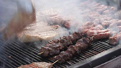 Skewers and grilled pork chop