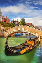 A closeup of a gondola in Venice