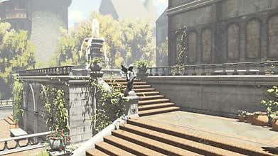 Old romantic mansion and courtyard with fountain