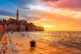 Rovinj old town at night in Adriatic sea
