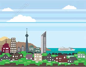 Cityscape with Lakefront Sea Ocean Vector homes and skyscrapers