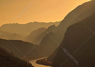 Fog at mountain and river