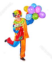 Happy birthday clown holding a bunch of balloons