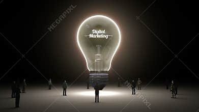 Typo 'Digital Marketing' in light bulb and surrounded businessmen, engineers, idea concept version (included
