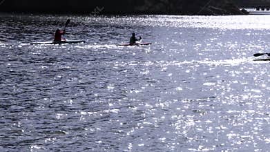 A silhouettes of group kayakers on the river