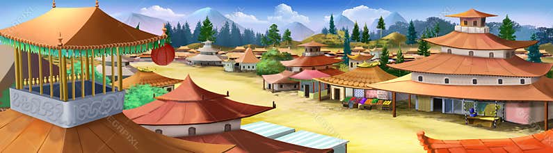 Small city in ancient China. Panorama view