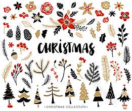 Christmas set of plants with flowers and Christmas trees.