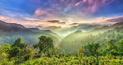 Sunstar morning sun on port Suoi Giang, Yen Bai