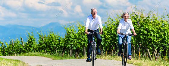 Seniors riding bicycle in vineyard together