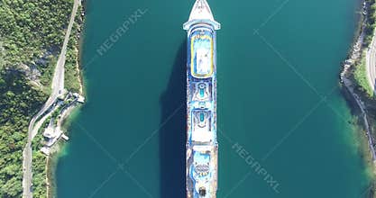 Aerial view of cruise ship in the Bay of Kotor