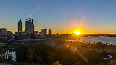 Time lapse. Sunrise at Perth city skyline, Australia