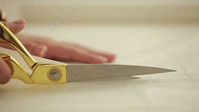 Fashion designer with sewing patterns and scissors in a textiles factory. Customize template.