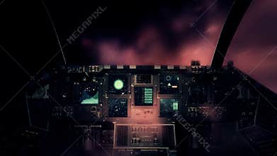 Spaceship Cockpit in a Pilot Point of view Traveling Fast Through Smoky Gas in Space