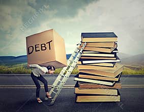 Student loan debt. Woman with heavy box debt carrying it up education ladder