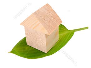 Wooden house of building blocks with green leaf