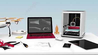 3D printer, laptop, tablet PC and drone on a table