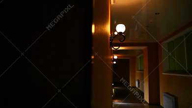 Modern structure night corridor in hotel yellow