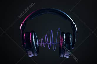 Headphones and disco waves isolated on black background
