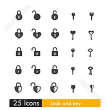 Set of 25 icon key and lock isolated on white background