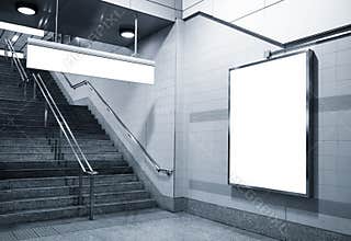 Billboard and direction signage mock up in subway with stairs