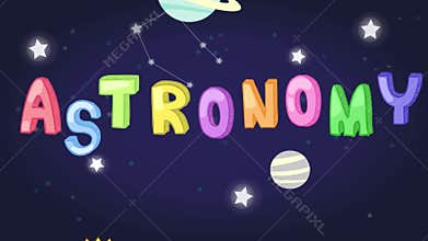 Animation of childish astronomy science subject header with colorful text and planet stars rocket space shuttle icon moving used f