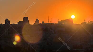 Jerusalem view over the City at sunset timelapse with the Dome of the Rock from the Mount of Olives.