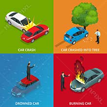 Crush car, drowned car, burning car, car crushed into tree. Traffic Accident.