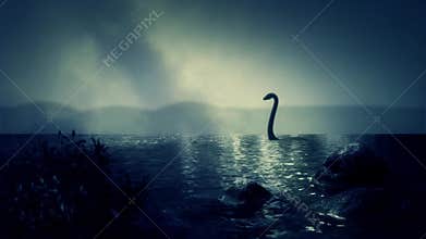 The Loch Ness Monster Swimming in the Lake