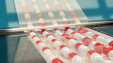 Drug Production. Pharmaceutical machinery for medicine production Pills. Slowmotion