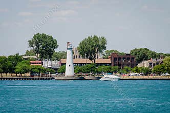 Light house on Detroit river sidewalk, Michigan, USA