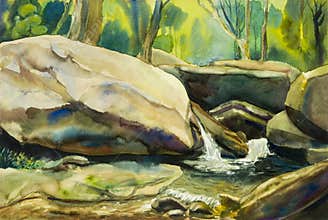 Watercolor landscape original painting colorful of waterfall