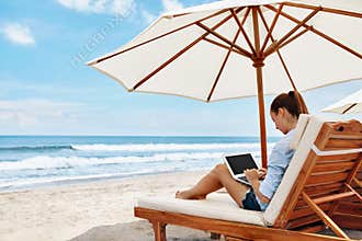 Work At Beach. Business Woman Working Online On Laptop Outdoors