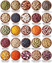 Collection of legumes isolated on white with labels