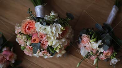 Bridal Bouquet bouquet on the table. Elegant wedding the bride's bouquet.
