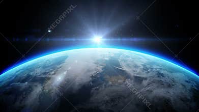 Sunrise over earth as seen from space. With stars background. 3d realistic animation
