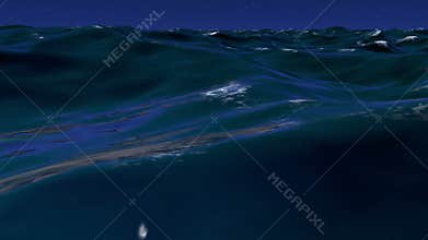3D illustration of wavy sea water surface with night sky