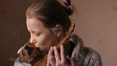 Teen girl with a little doggy friend. 4K UHD