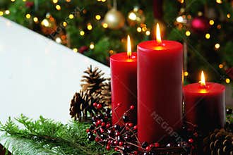Red Christmas Candles Display Pine Cones Tree