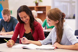 Teacher and student work together at adult education class