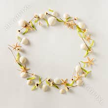 Circle frame background from summer elements - seashell, starfishes, flowers