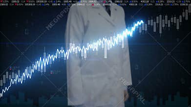 Researcher engineer touched screen, various animated Stock Market charts and graphs. Increase line. Artificial Intelligence