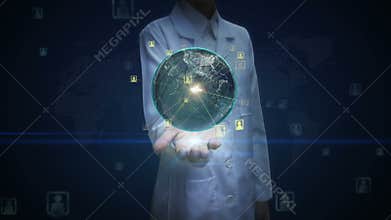 Female doctor open palm, Rotating earth, expanding social network service, media on palms.