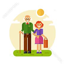 Girl helps old men carry bag