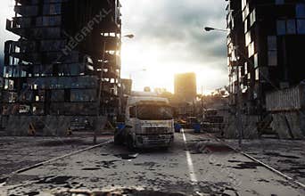 Apocalypse city in fog. Aerial View of the destroyed city. Apocalypse concept. 3d rendering.